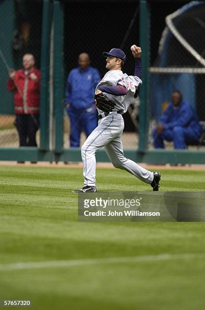 Right fielder Casey Blake of the Cleveland Indians throws from the outfield during the game against the Kansas City Royals at Kauffman Stadium on May...