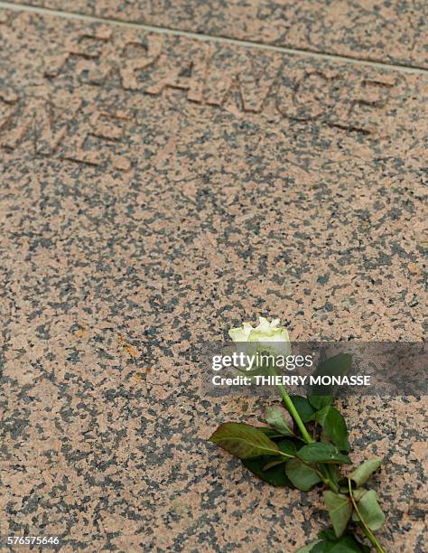 Photo taken on July 16, 2016 shows a white rose during a tribute to the victims of the July 14 attack in Nice at the Monument of Remembrance in...