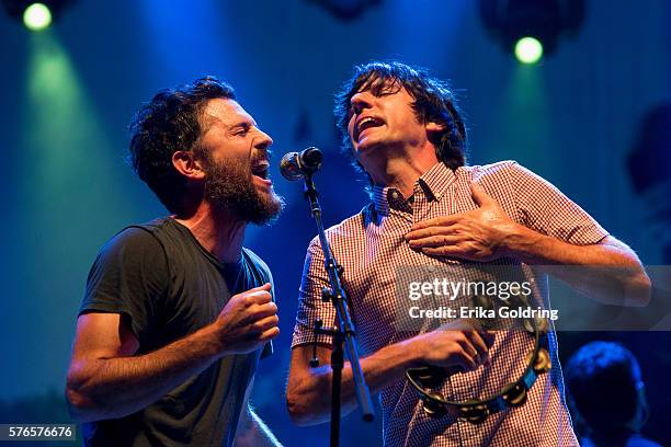 Scott Avett and Seth Avett of the Avett Brothers perform at Waterfront Park on July 15, 2016 in Louisville, Kentucky.