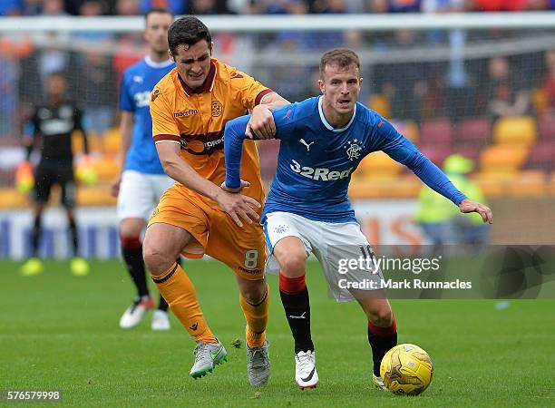 Andy Halliday of Rangers is tackled by Carl McHugh of Motherwell during the Scottish League Cup First Round Group Stage match between Motherwell FC...