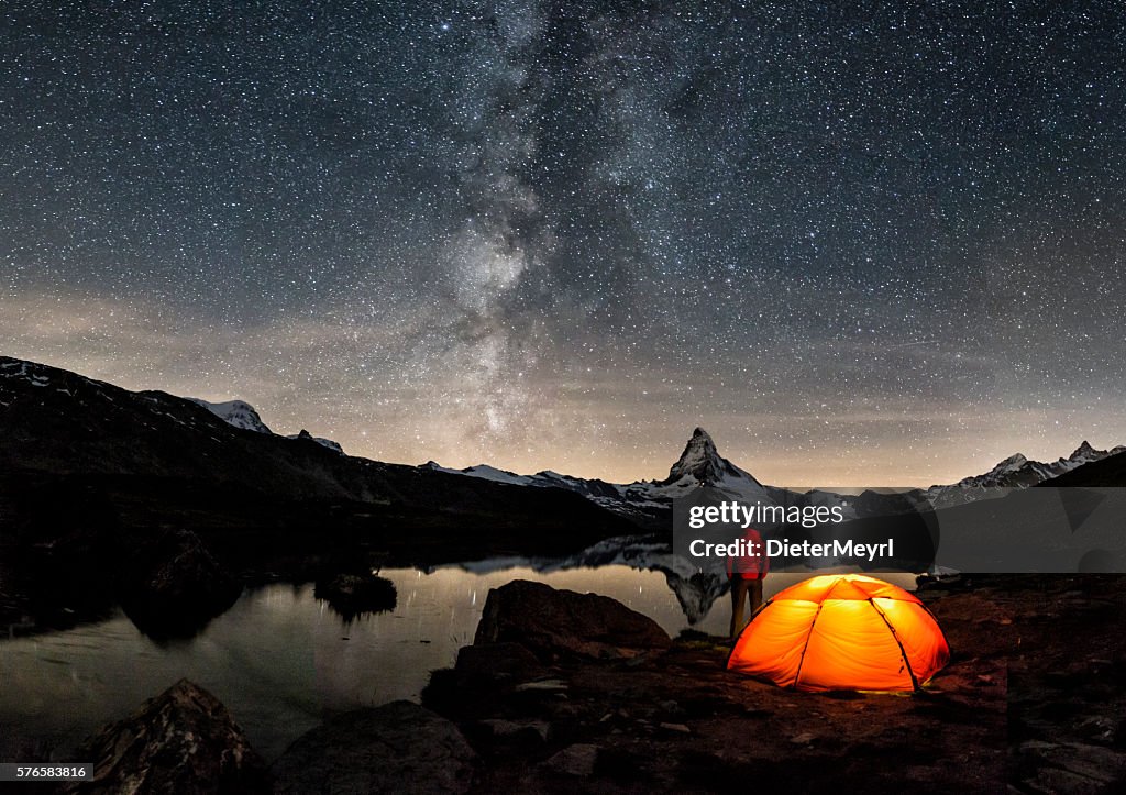 Loneley Camper under Milky Way at Matterhorn