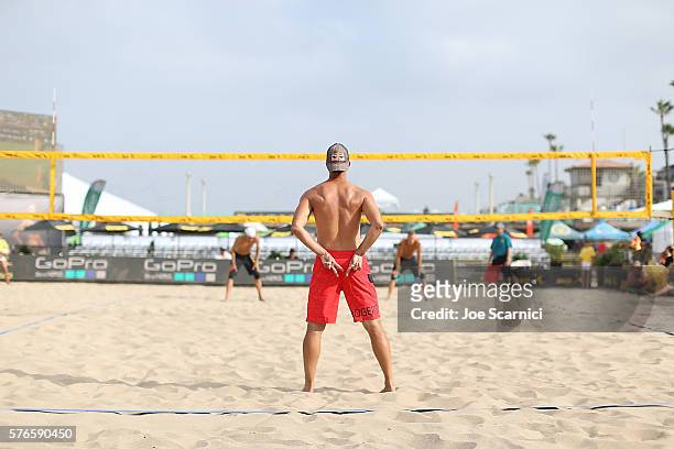 Todd Rogers sends a signal during his round of 16 match against Casey Patterson and Jake Gibb at AVP Beach Volleyball Manhattan Beach on July 16,...