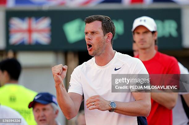 Great Britain's tennis national team head coach Leon Smith during the doubles tennis match at the Davis Cup quarter-final match between Serbia and...