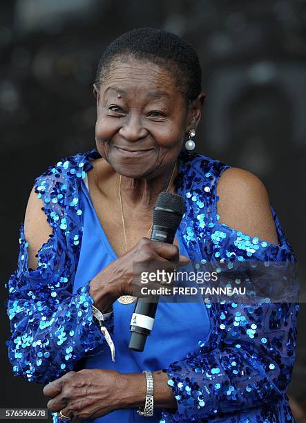 Tobagonian singer Calypso Rose performs on the third day of the 25th edition of the Festival des Vieilles Charrues in Carhaix-Plouguer, western of...