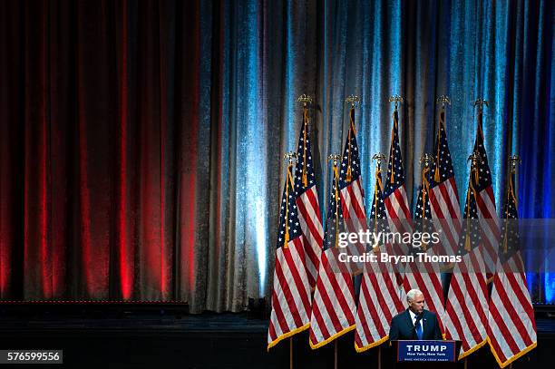 Republican vice presidential running mate Indiana Gov. Mike Pence speaks following his introduction by Republican presidential candidate Donald Trump...