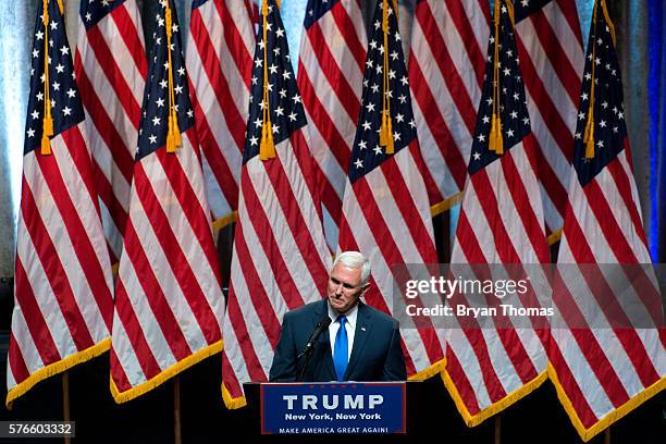 Republican vice presidential running mate Indiana Gov. Mike Pence speaks following his introduction by Republican presidential candidate Donald Trump...