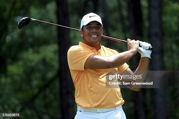 Jhonattan Vegas of Venezuela hits off the second tee during the third round of the Barbasol Championship at the Robert Trent Jones Golf Trail at...