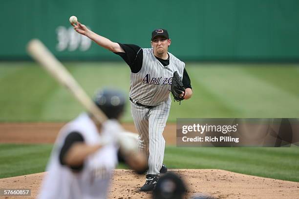 Brandon Webb of the Arizona Diamondbacks pitching during the game against the Pittsburgh Pirates at PNC Park in Pittsburgh, Pennsylvania on May 10,...