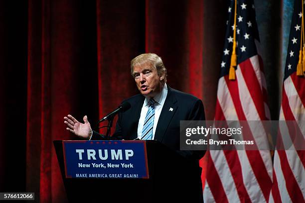 Republican presidential candidate Donald Trump speaks before introducing his vice presidential running mate Indiana Gov. Mike Pence at the New York...