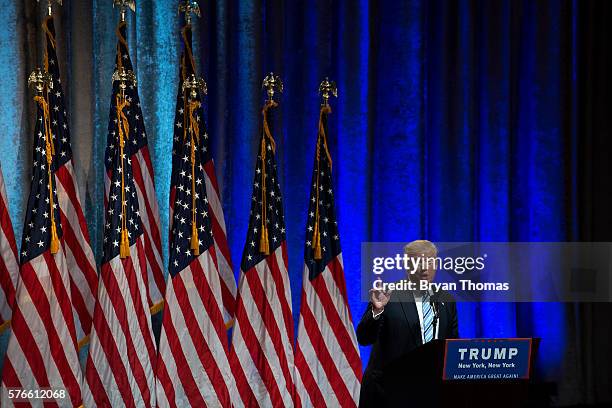 Republican presidential candidate Donald Trump speaks before introducing his vice presidential running mate Indiana Gov. Mike Pence at the New York...
