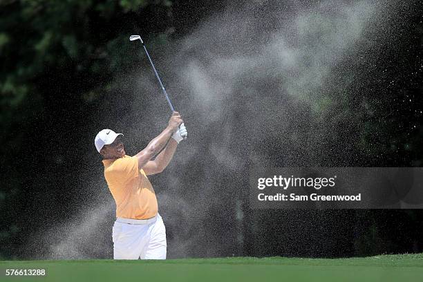 Jhonattan Vegas of Venezuela hits off the fourth hole during the third round of the Barbasol Championship at the Robert Trent Jones Golf Trail at...