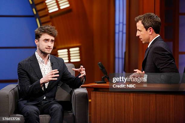 Episode 082 -- Pictured: Actor Daniel Radcliffe during an interview with host Seth Meyers on August 5, 2014 --