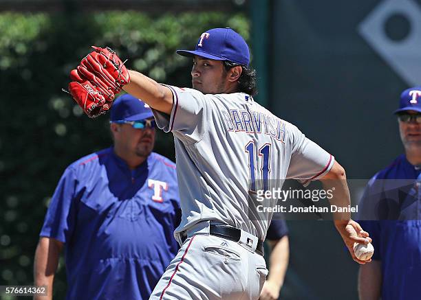 Yu Darvish of the Texas Rangers warms up in the bullpen before pitching against the Chicago Cubs at Wrigley Field on July 16, 2016 in Chicago,...