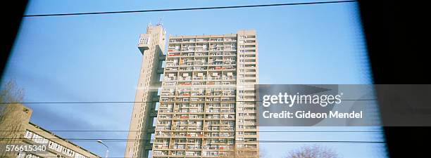 trellick tower viewed from train - trellick tower stock pictures, royalty-free photos & images