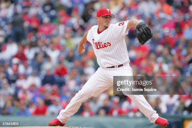 Starting pitcher Brett Myers of the Philadelphia Phillies pitches against the Florida Marlins on April 23, 2006 at Citizens Bank Park in...