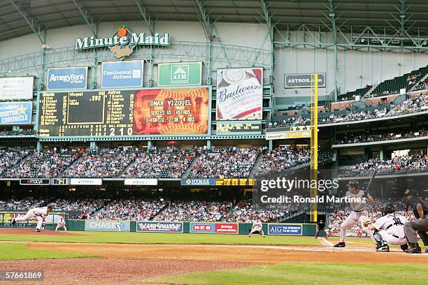 The scoreboard at Minute Maid Park is shown during the Houston Astros game against the San Francisco Giants on May 17, 2006 at Minute Maid Park in...