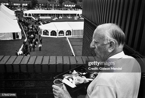 bbc sports commentator brian johnston having lunch - commentator stock pictures, royalty-free photos & images