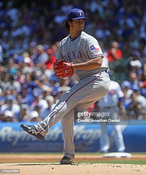 Starting pitcher Yu Darvish of the Texas Rangers delivers the ball against the Chicago Cubs at Wrigley Field on July 16, 2016 in Chicago, Illinois.