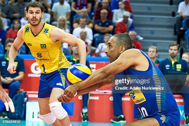 Sergio Dutra Santos from Brazil receives the ball while the FIVB World League volleyball match between Brazil and France at Tauron Arena on July 16,...