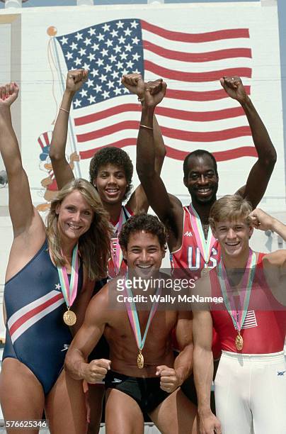 Portrait of American Olympic gold medalists at the 1984 Summer Olympics including swimmer Nancy Hogshead , basketball player Cheryl Miller , hurdler...