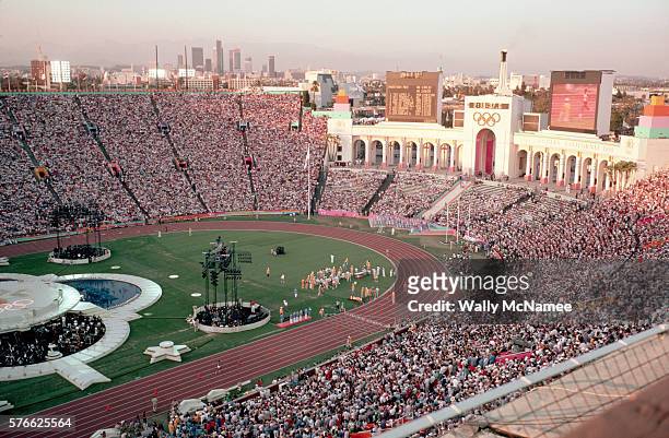 The closing ceremony for the 1984 Summer Olympic games begins at the conclusion of the Men's Marathon.