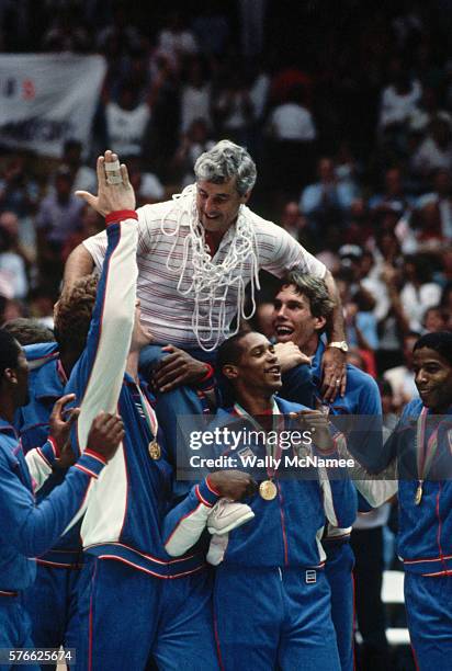 The US Men's Olympic basketball team carries their coach, Bobby Knight, after winning the gold medal at the 1984 Olympics.