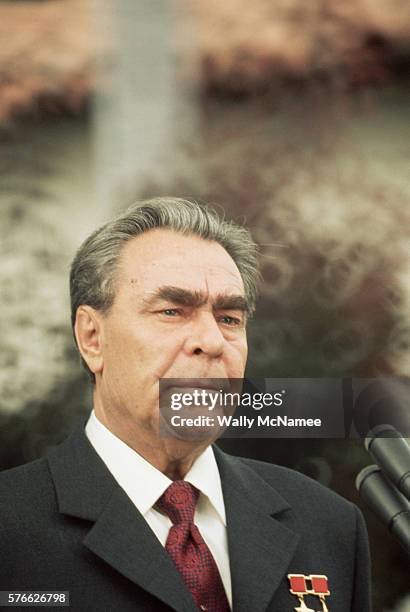 Leader Leonid Brezhnev prepares to speak before returning home from his visit to California.