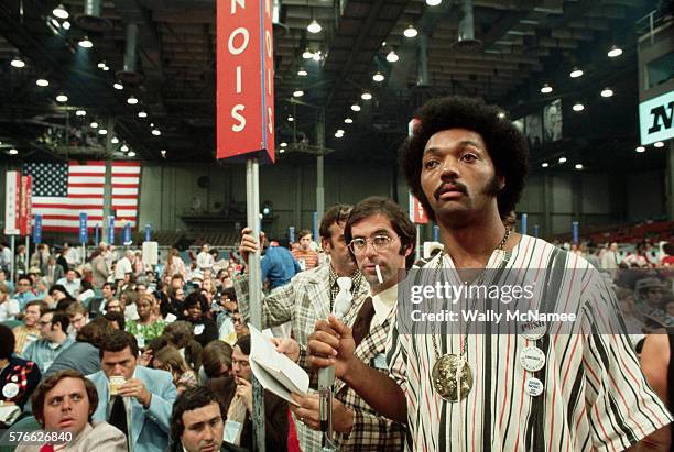 Jesse Jackson, wearing a button from his organization Operation PUSH , attends the 1972 Democratic National Convention at the Miami Beach Convention...