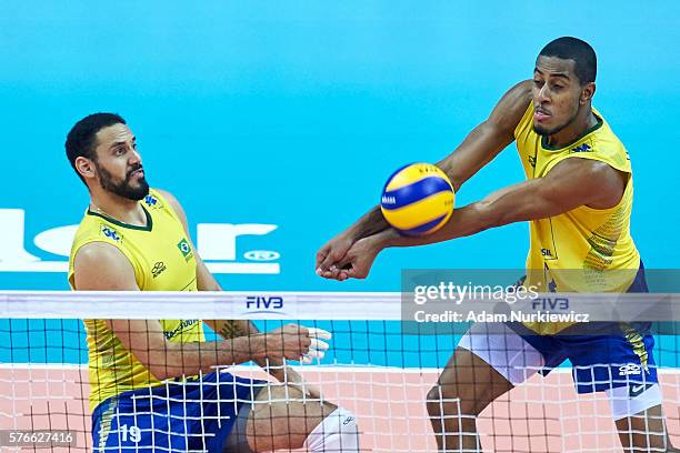 Ricardo Lucarelli Santos De Souza from Brazil receives the ball while the FIVB World League volleyball match between Brazil and France at Tauron...