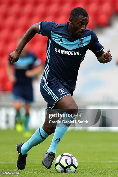 Mustapha Carayol of Middlesbrough in action during the pre-season friendly match between Doncaster Rovers and Middlesbrough at Keepmoat Stadium on...