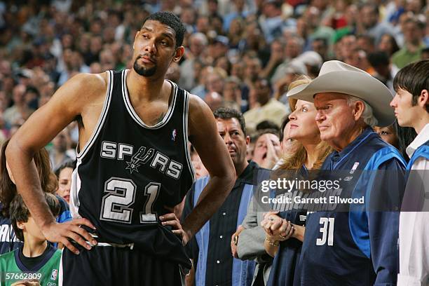 Tim Duncan of the San Antonio Spurs looks on during the game against the Dallas Mavericks in game six of the Western Conference Semifinals during the...