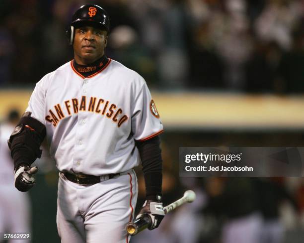 Barry Bonds of San Francisco Giants strikes out in the ninth inning, leaving Bonds 0-for-3 with a walk during the game against the Oakland Athletics...