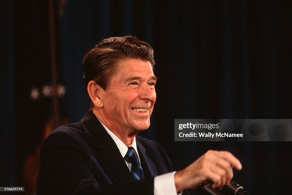 Ronald Reagan Smiling at News Conference