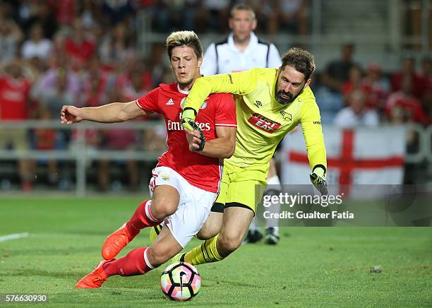 Benfica's forward from Serbia Luka Jovic with Derby County's goalkeeper Carson in action during the Algarve Football Cup Pre Season Friendly match...