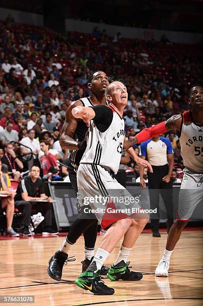 Singler of Toronto Raptors boxes out against the Minnesota Timberwolves during the 2016 Las Vegas Summer League on July 16, 2016 at the Thomas & Mack...