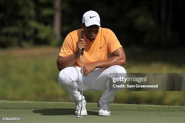 Jhonattan Vegas of Venezuela looks on the tenth green during the third round of the Barbasol Championship at the Robert Trent Jones Golf Trail at...