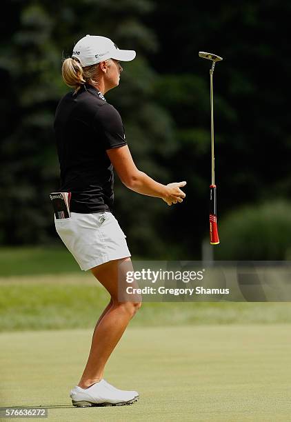 Stacy Lewis reacts to a missed birdie putt on the 15th green during the third round of the Marathon Classic presented by Owens Corning and O-I at...