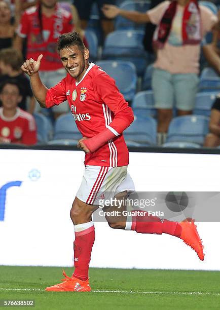 Benfica's midfielder from Argentina Salvio celebrates after scoring a goal during the Algarve Football Cup Pre Season Friendly match between SL...