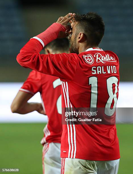 Benfica's midfielder from Argentina Salvio celebrates after scoring a goal during the Algarve Football Cup Pre Season Friendly match between SL...