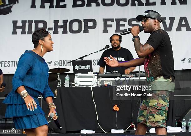 Rappers Rapsody and Talib Kweli perform during the 12th Annual Brooklyn Hip Hop Festival finale concert at Brooklyn Bridge Park on July 16, 2016 in...