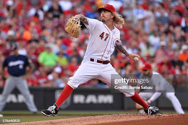 John Lamb of the Cincinnati Reds pitches in the first inning against the Milwaukee Brewers at Great American Ball Park on July 16, 2016 in...