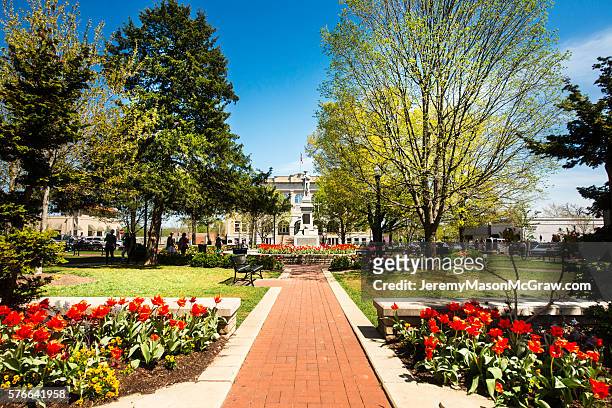 bentonville square in spring with flowers - 576641934,576641958,576641932,576641946,576641956,576641950,576641960,576641970,576641966,576641998,584688394,584688600,584688988 stock pictures, royalty-free photos & images