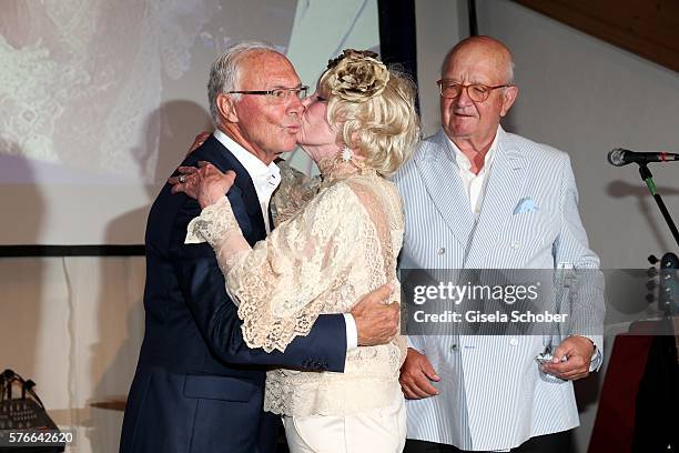 Franz Beckenbauer , Elke Sommer with award and Alois Hartl during the Kaiser Cup 2016 gala on July 16, 2016 in Bad Griesbach near Passau, Germany.