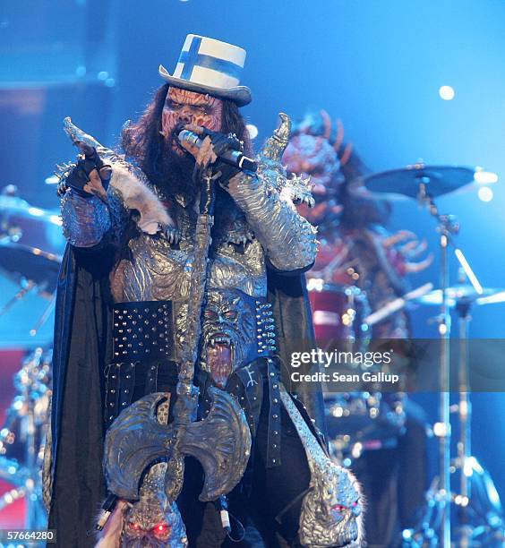 Monster rock singer Lordi performs at the last dress rehearsal prior to the finals of the 2006 Eurovision Song Contest on May 20, 2006 in Athens,...