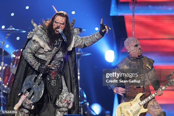 Monster rock singer Lordi performs at the last dress rehearsal prior to the finals of the 2006 Eurovision Song Contest on May 20, 2006 in Athens,...