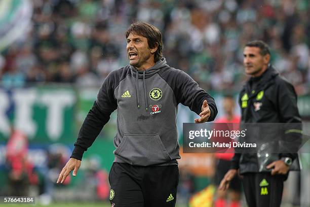 Head coach of Chelsea Antonio Conte gestures during an friendly match between SK Rapid Vienna and Chelsea F.C. At Allianz Stadion on July 16, 2016 in...