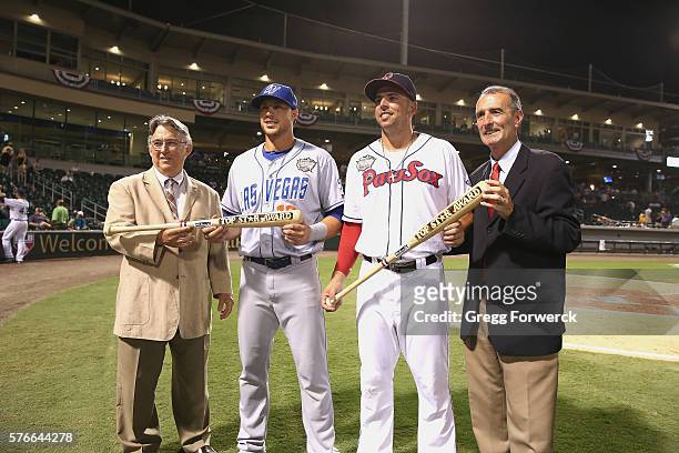 From left to right PCL commisioner Branch Rickey is photographed with Travis Taijeron while Chris Marrero is photographed with International League...