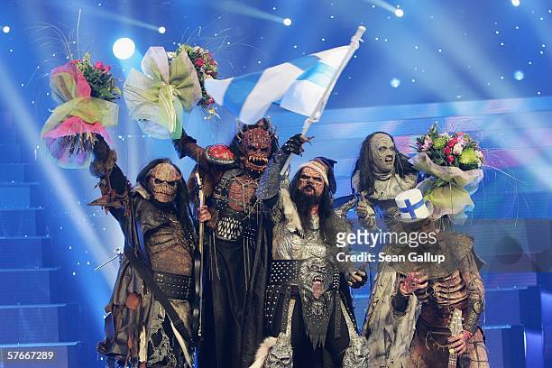 Monster rock band Lordi of Finland celebrate their victory at the conclusion of the finals of the 2006 Eurovision Song Contest May 20, 2006 in...