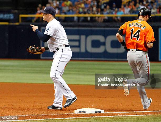 Logan Morrison of the Tampa Bay Rays points to a teammate during the top of the ninth inning after Nolan Reimold of the Baltimore Orioles was thrown...