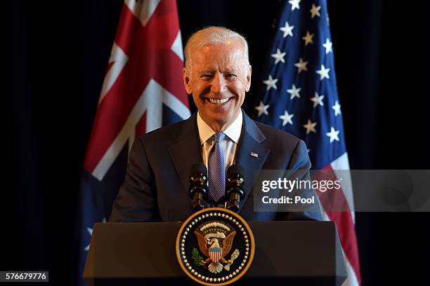 Vice-President Joe Biden speaks at a restored flag presention at the Melbourne Cricket Ground on July 17, 2016 in Melbourne, Australia. Biden is...